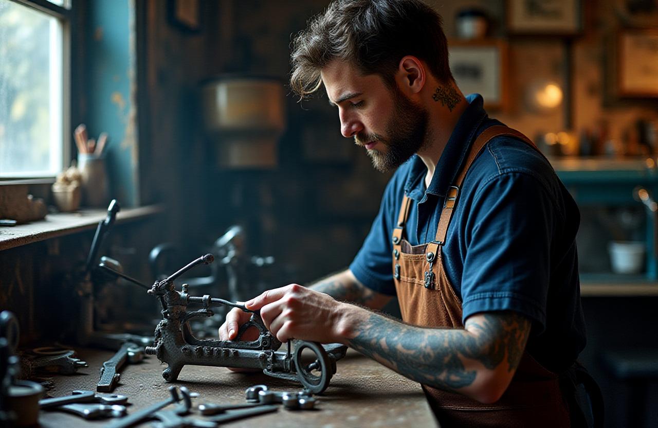 Meccanico di biciclette al lavoro in officina vintage